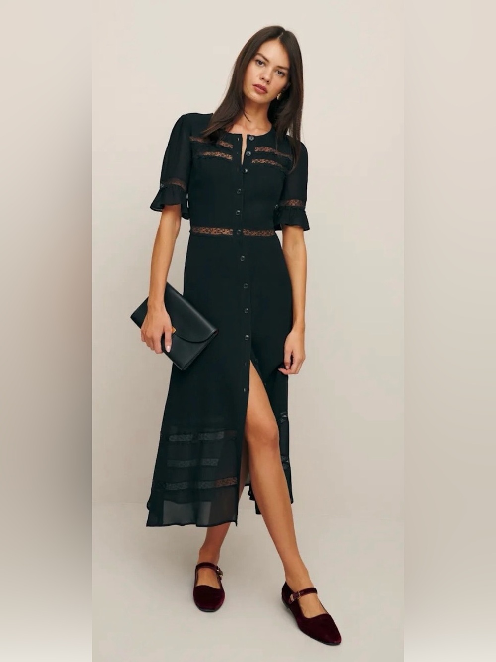 Reformation Woodson Black Button-Front Lace Panel Midi Dress
